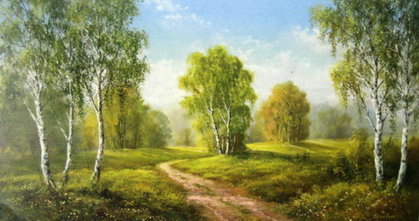 白桦林风景油画 幽林径路